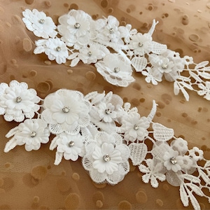 off white lace applique, 3D heavy bead lace applique with florals, 3D flowers lace applique motif, 2pcs