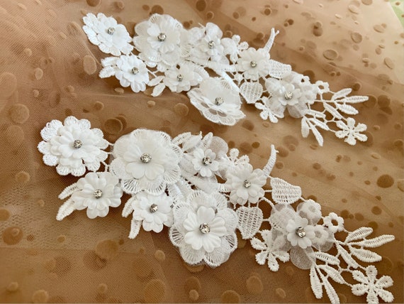 off white lace applique, 3D heavy bead lace applique with florals, 3D flowers lace applique motif, 2pcs