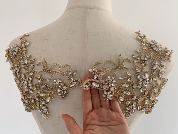 Gold Rhinestone applique, crystal bodice patch, handcrafted bodice patch for couture, dress, open back dress
