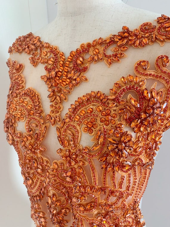 Large Orange Rhinestone applique, crystal applique for couture, crystal bodice applique for dress, costume supplies