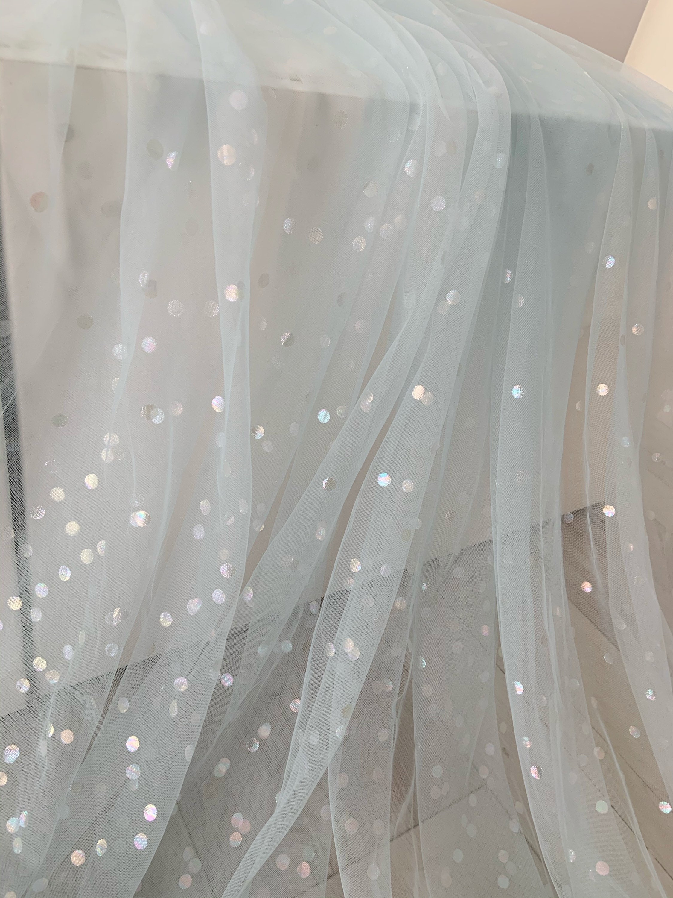 Grey Tulle Fabric With Iridescent Polka Dots, Soft Tulle
