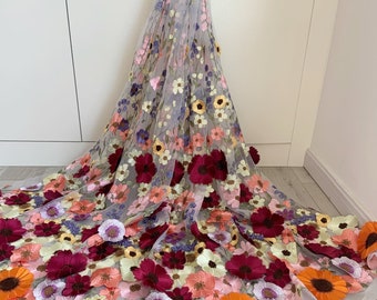 Off white Floral Embroidery Tulle lace fabric, colorful 3d flowers embroidered tulle lace fabric for couture, dress