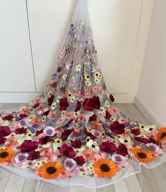 Off white Floral Embroidery Tulle lace fabric, colorful 3d flowers embroidered mesh lace fabric for couture, dress
