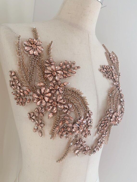 Peach Rhinestone appliqué, sparkle crystal applique, crystal bodice patch, handmade couture supplies, dance costume supplies