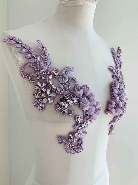 purple 3d flower rhinestone appliqué by pair, purple bead floral patch for dress apparel