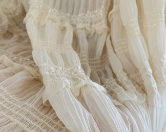 Ivory creased chiffon fabric with ruffles, vintage royal style chiffon fabric for dress couture costume