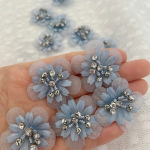 5pcs pale blue 3d flowers applique, heavy bead petals with rhinestone