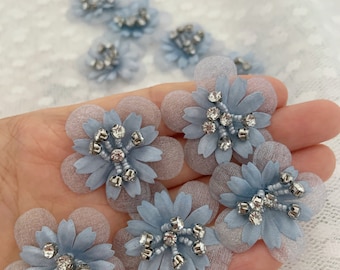 5pcs pale blue 3d flowers applique, heavy bead floral petals with rhinestone