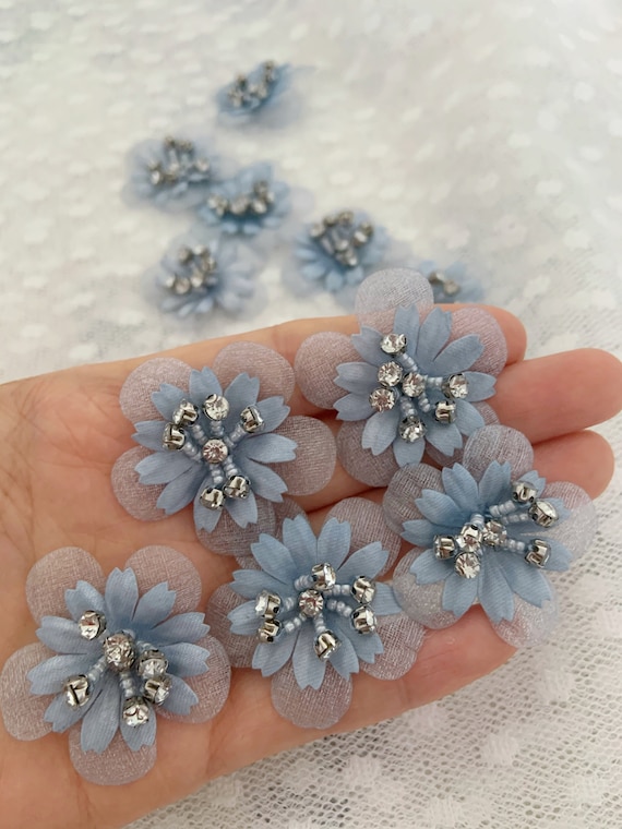 5pcs pale blue 3d flowers applique, heavy bead floral petals with rhinestone