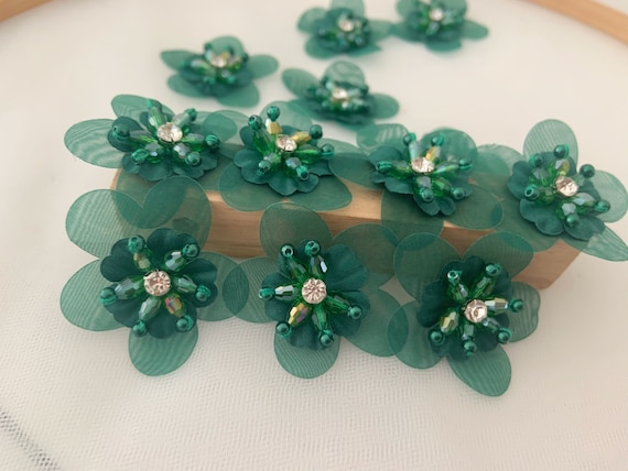 5 pcs dark green handcrafted flowers applique, handmade flowers petals with rhinestone and beads