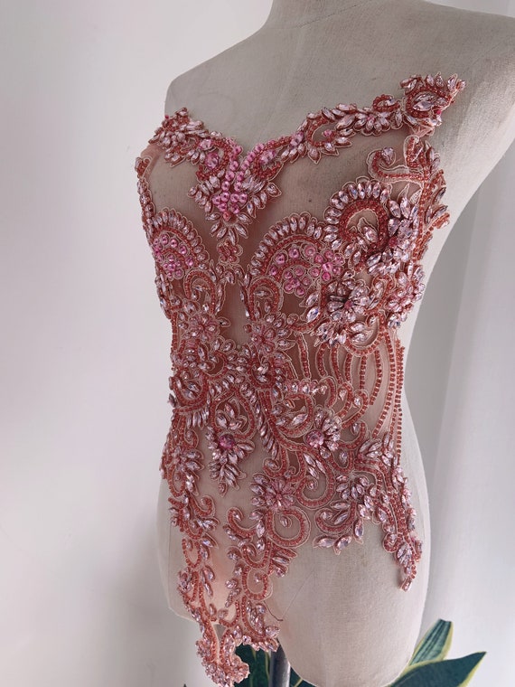 Large pink Rhinestone appliqué for couture , crystal applique, crystal bodice applique for couture, costume dress supplies