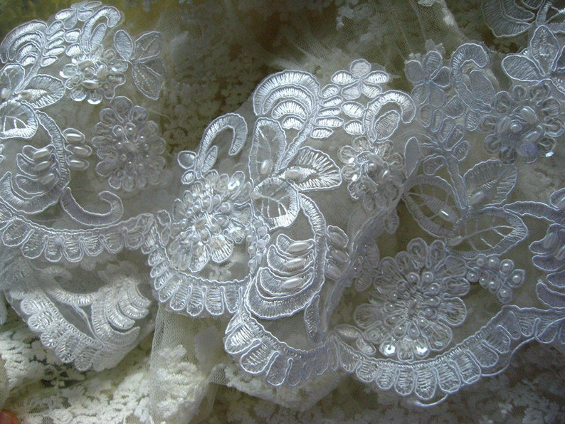 beaded bridal lace trim, ivory alencon lace trim, scalloped lace trim, sequined lace trim, vintage lace trim, CGDZ048B, CGDZ058DB image 4