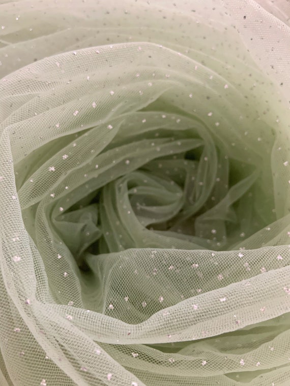 Light green tulle fabric with glitters for dress, costume, dance costume, sparkling galaxy tulle fabric