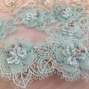 5pcs aqua blue flowers appliques with pearls for couture, costume, dress, handmade florals applique with pearls