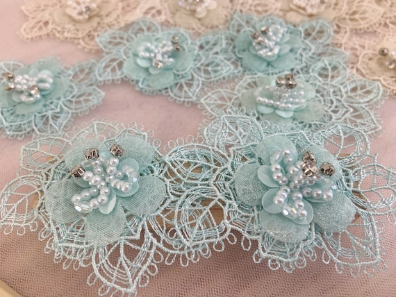 5pcs aqua blue flowers appliques with pearls for couture, costume, dress, handmade florals applique with pearls