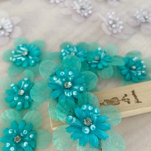 5pcs turquoise silk flower applique, heavy bead florals with rhinestone, handcrafted flowers