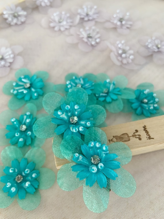 5pcs turquoise silk flower applique, heavy bead florals with rhinestone, handcrafted flowers