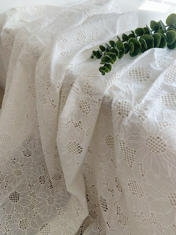 off white cotton eyelet lace fabric with sunflowers, cotton lace fabric with florals embroidery