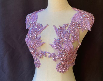 Lavender Purple Rhinestone applique, sparkle crystal applique, crystal bodice patch, handmade couture supplies, dance costume supplies