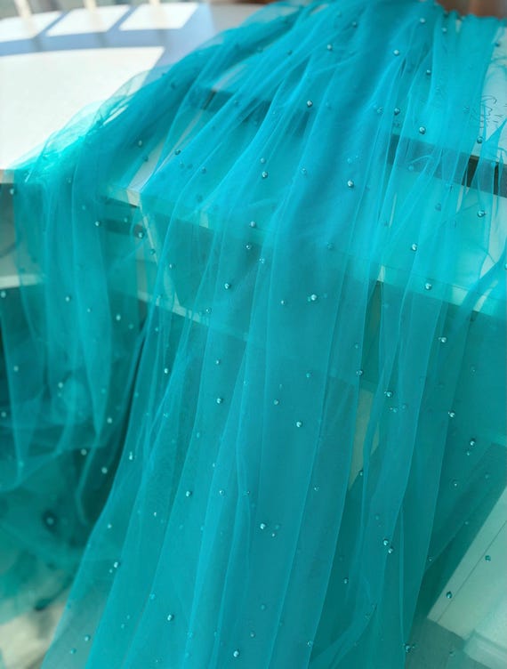 Tornado blue pearl bead tulle fabric, tulle fabric with pearls, wedding birthday prop backdrop