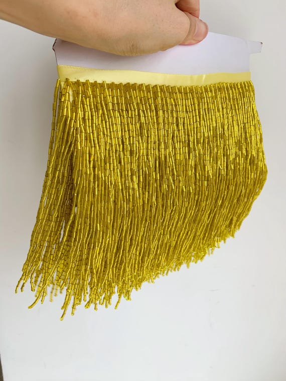 Yellow gold bead Fringe trim for dress, couture, dance costume, party decors, handmade bead tassels