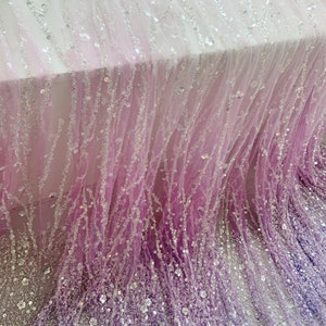 Aqua purple Sparkle bead tulle lace fabric, ombre colored bead fabric with gradient colors with florals vines for ball gowns image 10