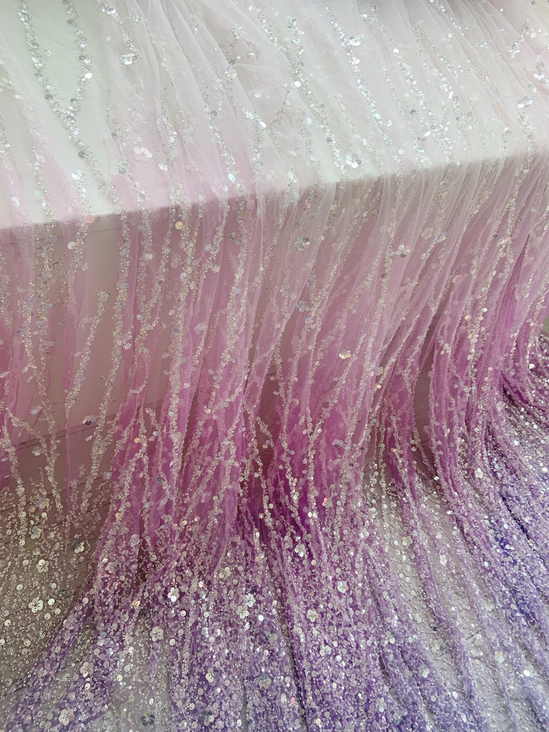 Aqua purple Sparkle bead tulle lace fabric, ombre colored bead fabric with gradient colors with florals vines for ball gowns image 10