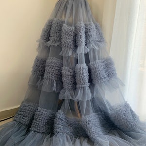 Puffy Dust blue ruffle Fabric for cake dress, soft tulle ruffles fabric for dress and costume