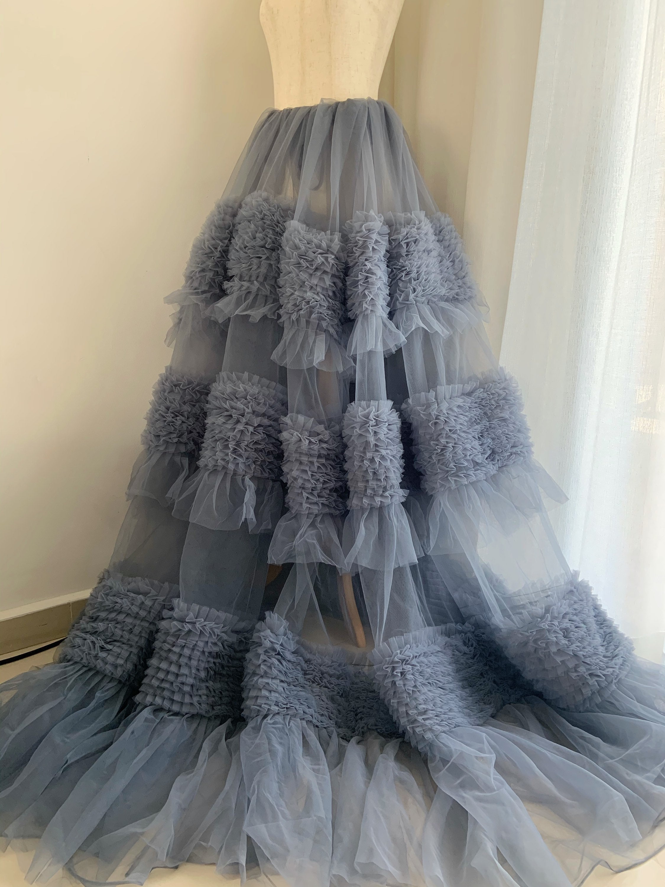 Puffy Dust Blue Ruffle Fabric for Cake Dress, Soft Tulle Puffy Dust Blue Ruffle Fabric for Cake Dress, Soft Tulle