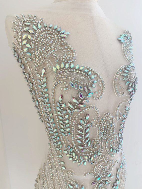 Big iridescent Rhinestone appliqué, rhinestone bodice dress, crystal appliqué for couture, dress, dance costume, stage performance