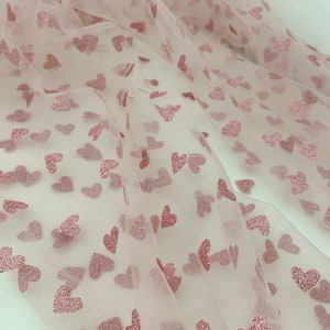 Pink tulle fabric with pink glitter hearts, tulle with sweethearts for dress, costume, sparkle prints tulle for party decors, wedding decors