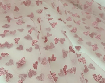 Pink tulle fabric with pink glitter hearts, tulle with sweethearts for dress, costume, sparkle prints tulle for party decors, wedding decors