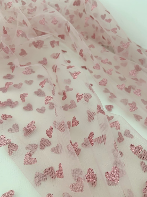 Pink Tulle Fabric With Pink Glitter Hearts, Tulle With Sweethearts