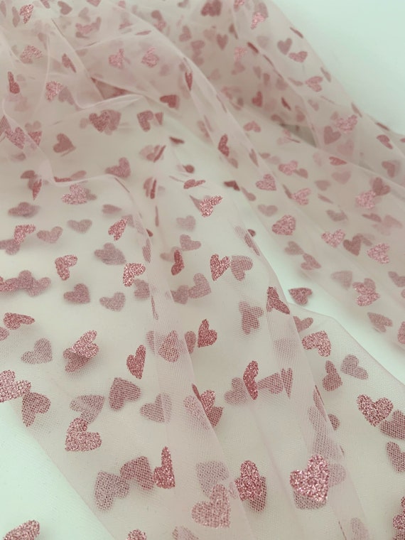 Pink tulle fabric with pink glitter hearts, tulle with sweethearts for dress, costume, sparkle prints tulle for party decors, wedding decors