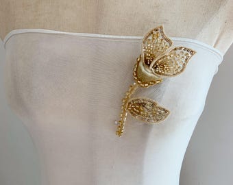 Gold bead tulip applique for dress alterations, tambour beadwork flower for millinery supplies