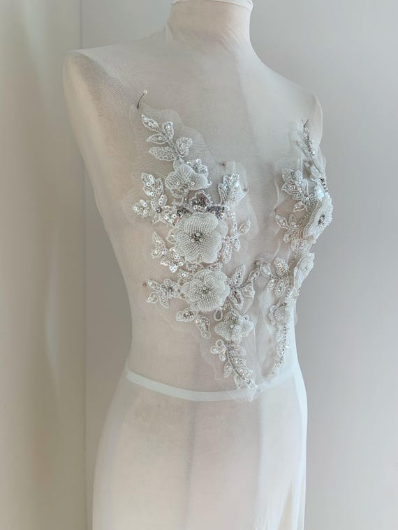 white Camilla applique patch, heavy bead flowers for dress, handcrafted rhinestone bead applique for prom dress