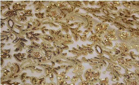 Gold Lace Fabric, Gold Sequined Lace Fabric, Retro Floral Lace Fabric,  Costume Lace Fabric, Bridal Lace Fabric, Prom Dress Lace 