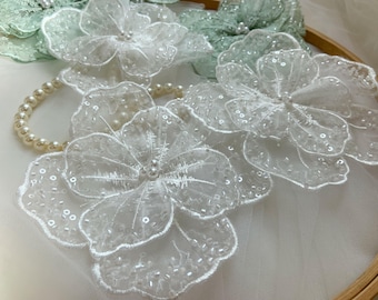 Off white organza flower patch for dress alteration, organza beadwork flower appliqué, millinery supplies