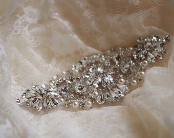 crystal bead applique, rhinestone bead Applique, bridal Sash applique, bridal headpiece applique