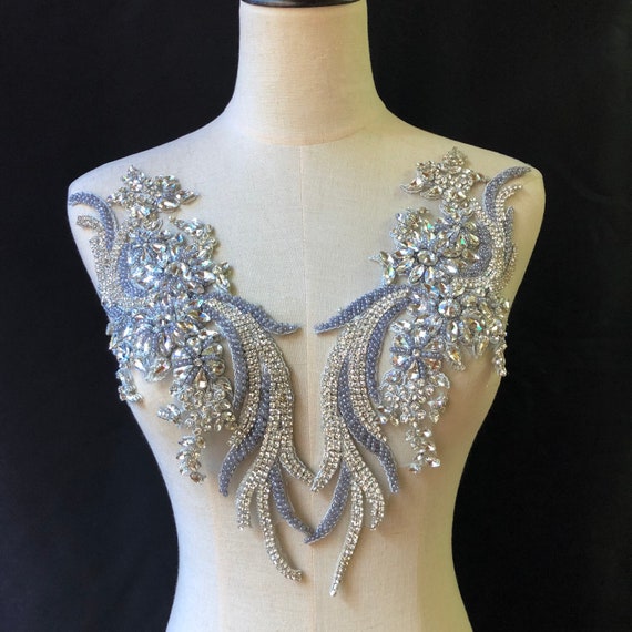 pale blue rhinestone applique for dress, crystal bodice patch, heavy bead applique for couture