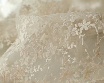 ivory Lace Fabric, Embroidered tulle Lace Fabric, cotton fabric lace, retro floral lace fabric