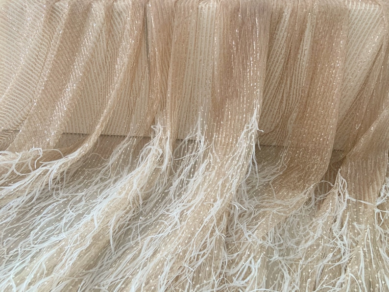 K&ouml;nnte beinhalten: Beigefarbener Stoff mit glitzernder Textur und wei&szlig;em Federfransen. Der Stoff ist durchsichtig und hat eine zarte, flie&szlig;ende Optik.