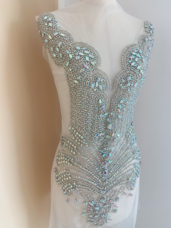 Iridescent ab Rhinestone applique, large rhinestone patch for couture, dress, costume, prom dress, ball gown