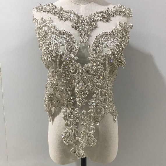 Big silver Rhinestone applique, crystal applique for couture, crystal bodice applique for dress, costume supplies
