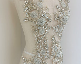 Applique en strass fleurs argentées, patch corsage en cristal, patch strass lourd pour couture et costume de danse