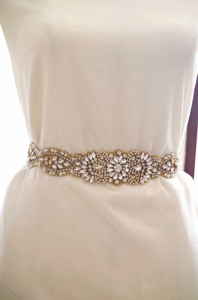 Gold Rhinestone Sash Belt Trim Golden Crystal Sash Applique Etsy