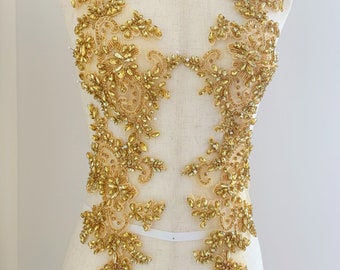 Gold Rhinestone appliques with florals, French bodice patch for couture, dance costume, bridal dress, ball gown