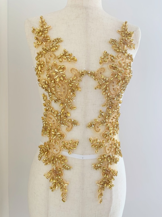 Gold Rhinestone appliques with florals, French bodice patch for couture, dance costume, bridal dress, ball gown