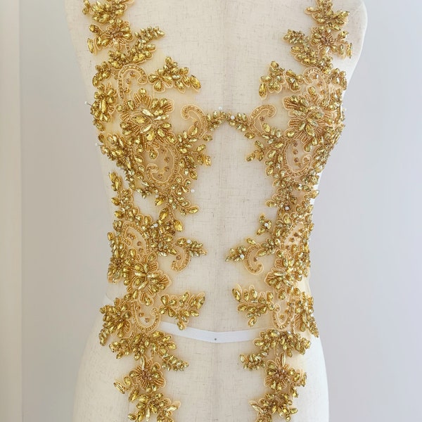 Gold Strass Applikationen mit Blumen, Französische Mieder Aufnäher für Couture, Tanzkostüm, Brautkleid, Ballkleid