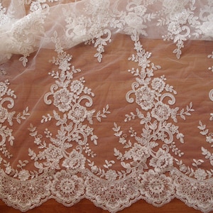 5 yards ivory cord lace fabric with sequins, sequined alencon lace fabric, bridal lace fabric
